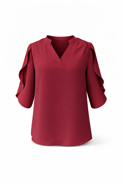 Chiffon Style V-Neck Blouse - 3/4 Sleeve Flared Design