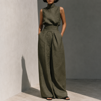 Women's Sleeveless Mock Neck Wide Leg Jumpsuit