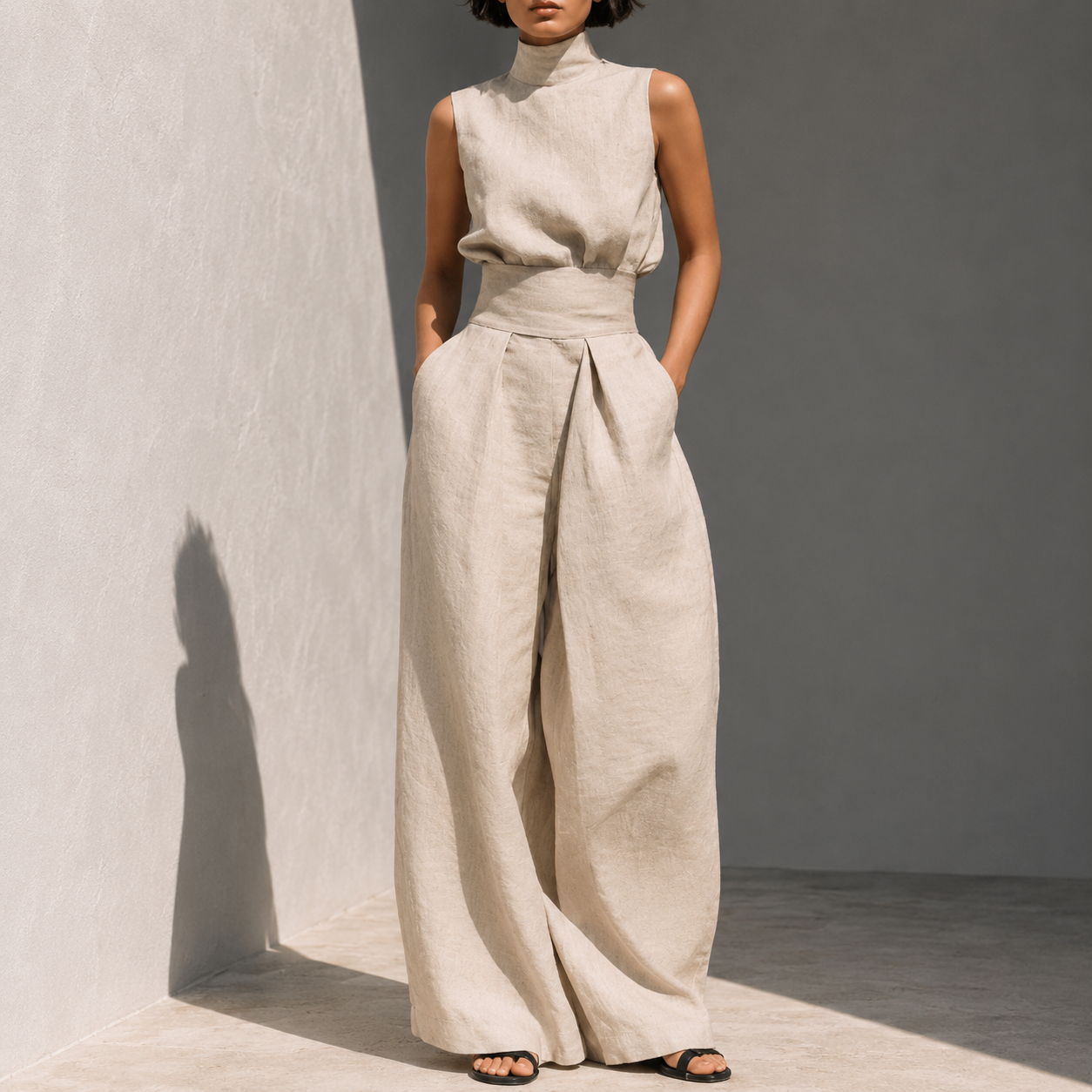 Women's Sleeveless Mock Neck Wide Leg Jumpsuit