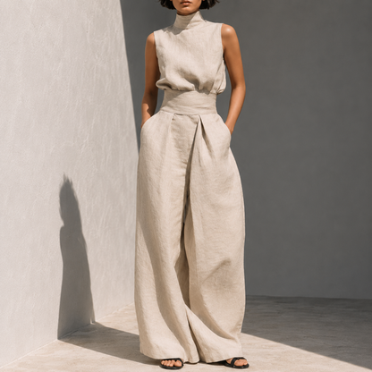 Women's Sleeveless Mock Neck Wide Leg Jumpsuit