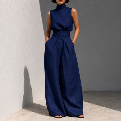 Women's Sleeveless Mock Neck Wide Leg Jumpsuit