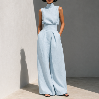 Women's Sleeveless Mock Neck Wide Leg Jumpsuit
