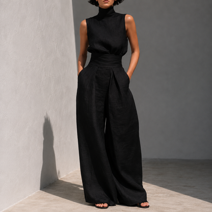 Women's Sleeveless Mock Neck Wide Leg Jumpsuit