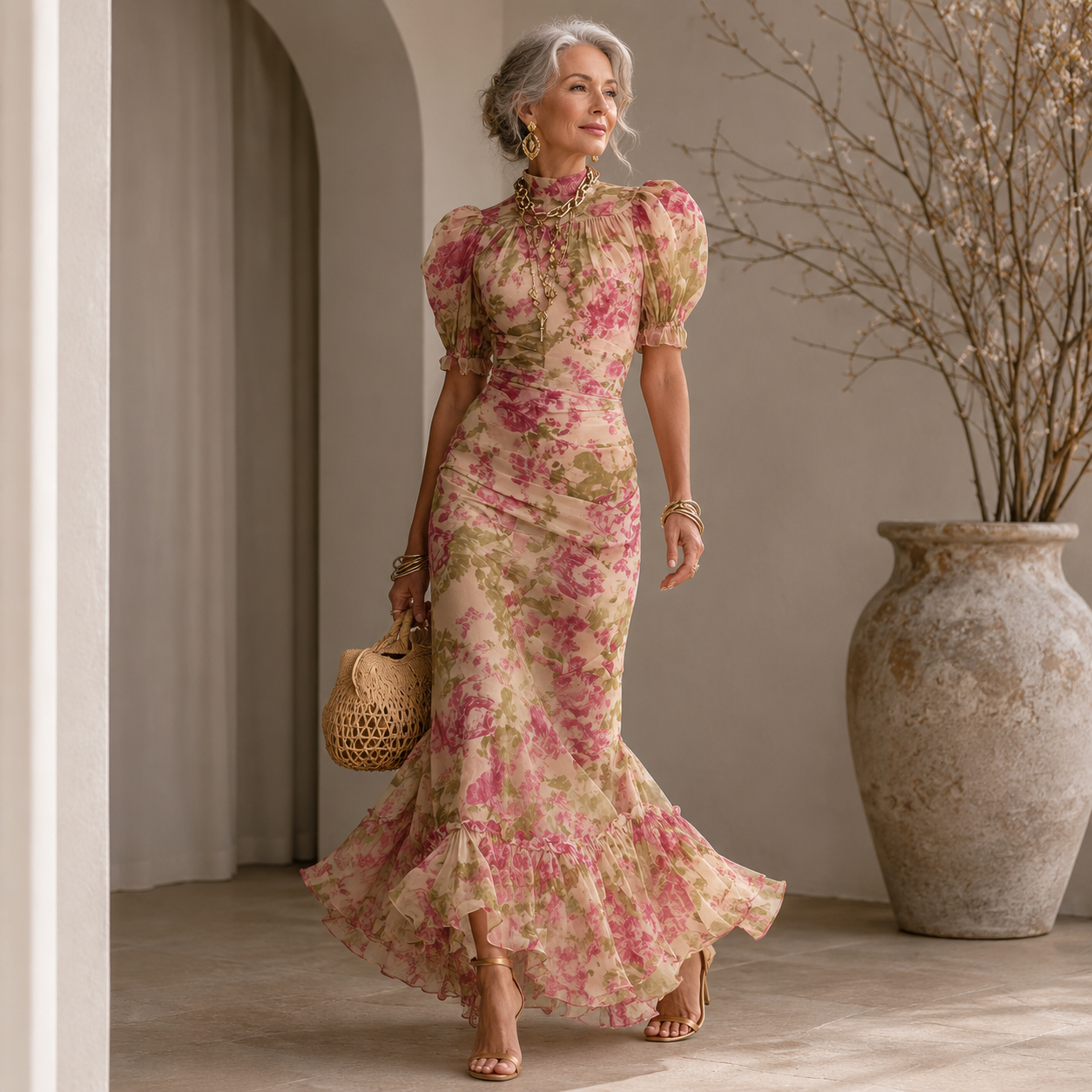 Women's Puff Sleeve Floral High Neck Ruffle Maxi Dress