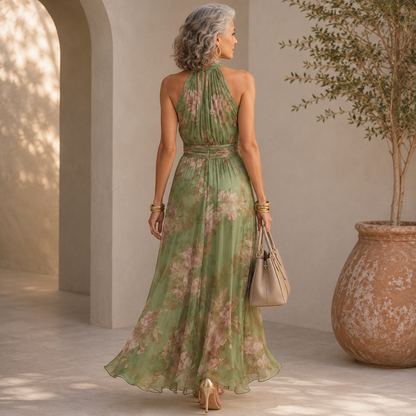 Women's Floral Halter Neck Chiffon Maxi Dress