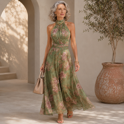 Women's Floral Halter Neck Chiffon Maxi Dress