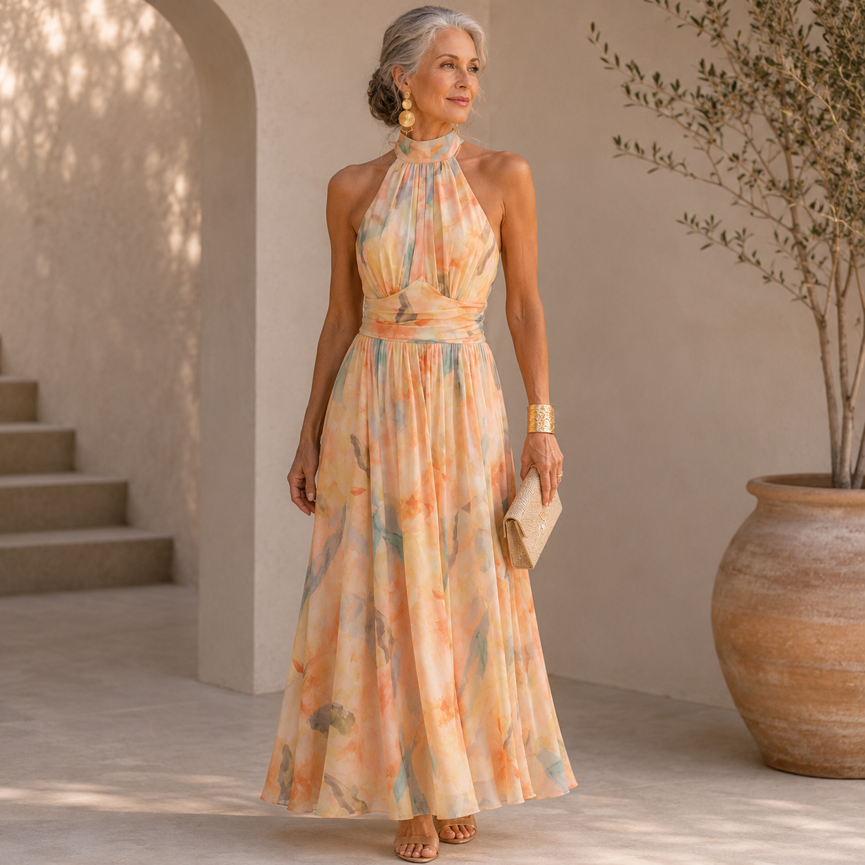 Women's Floral Halter Neck Chiffon Sleeveless Maxi Dress