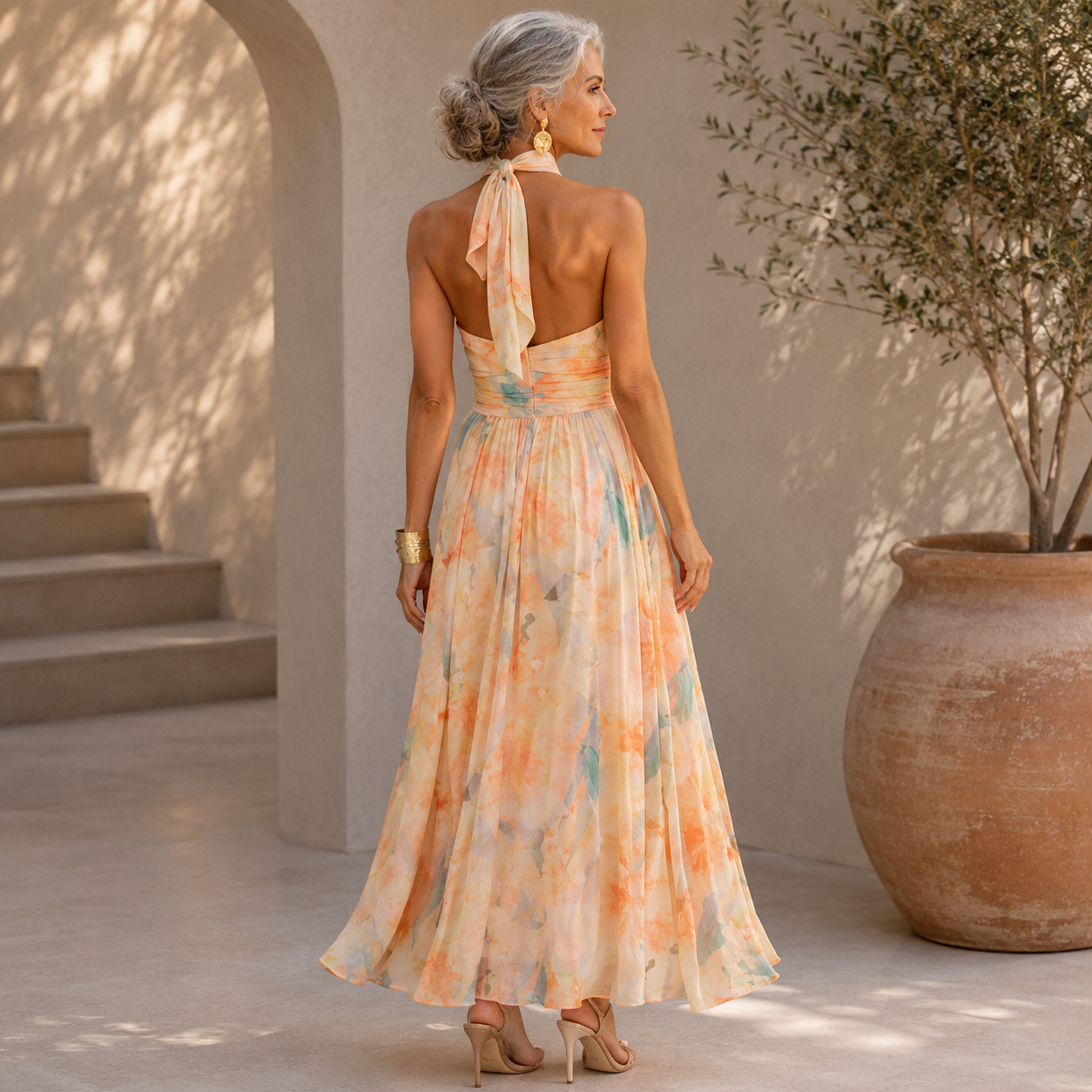 Women's Floral Halter Neck Chiffon Sleeveless Maxi Dress