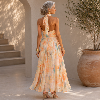Women's Floral Halter Neck Chiffon Sleeveless Maxi Dress