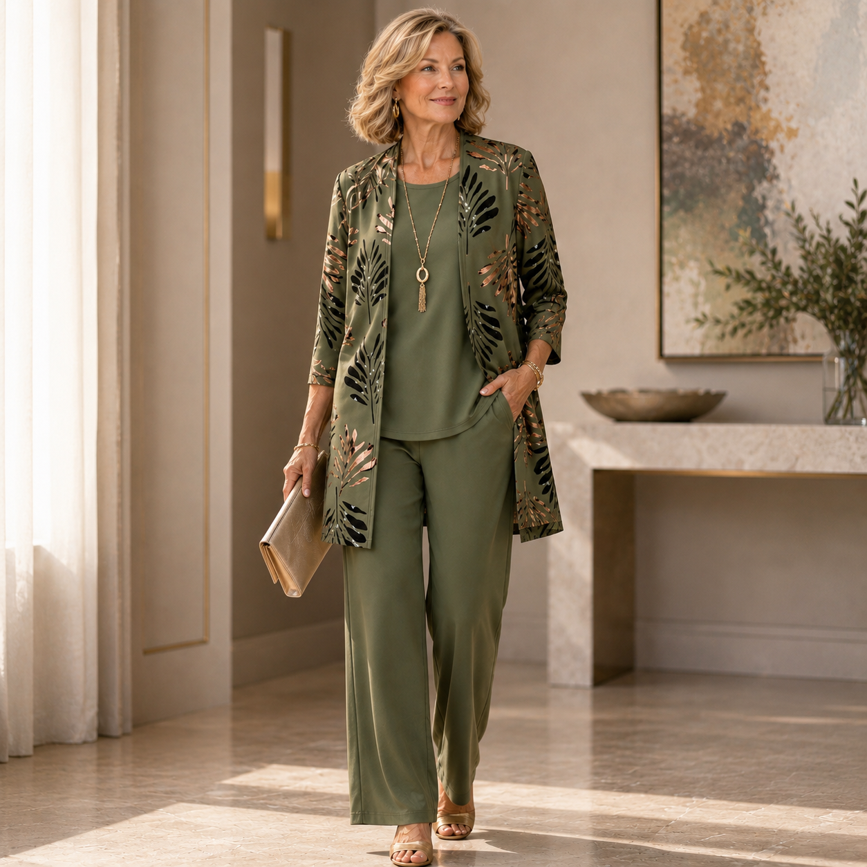 Women's Three Piece Casual Trouser Set with Printed Cardigan
