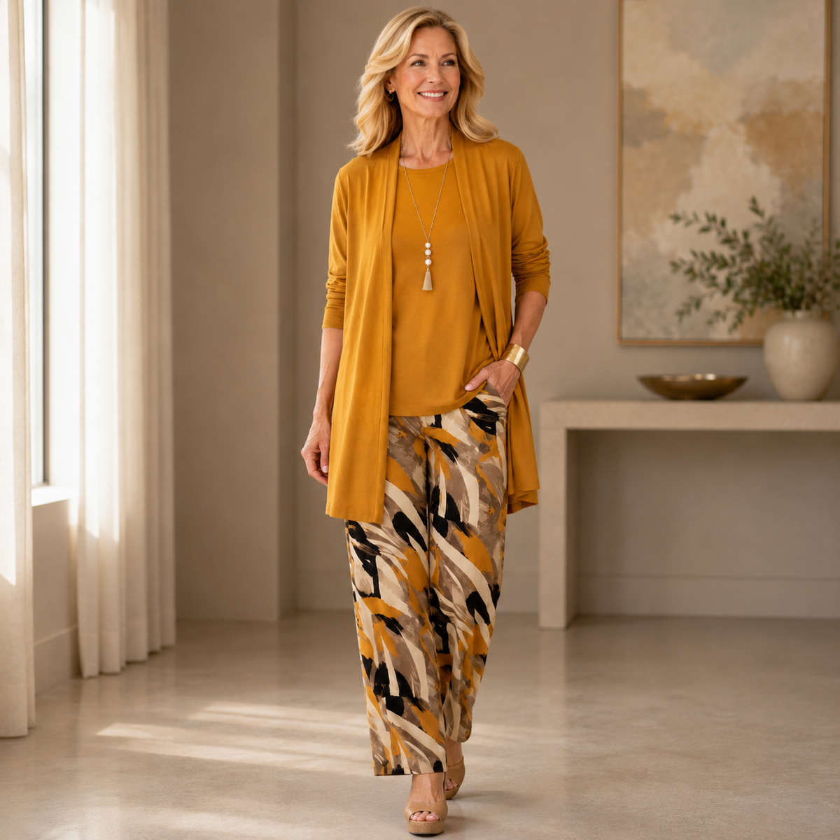 Women's Relaxed Tunic & Printed Wide Leg Trouser Set