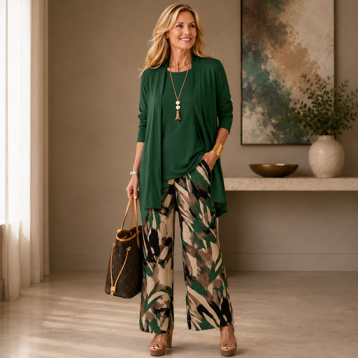 Women's Relaxed Tunic & Printed Wide Leg Trouser Set