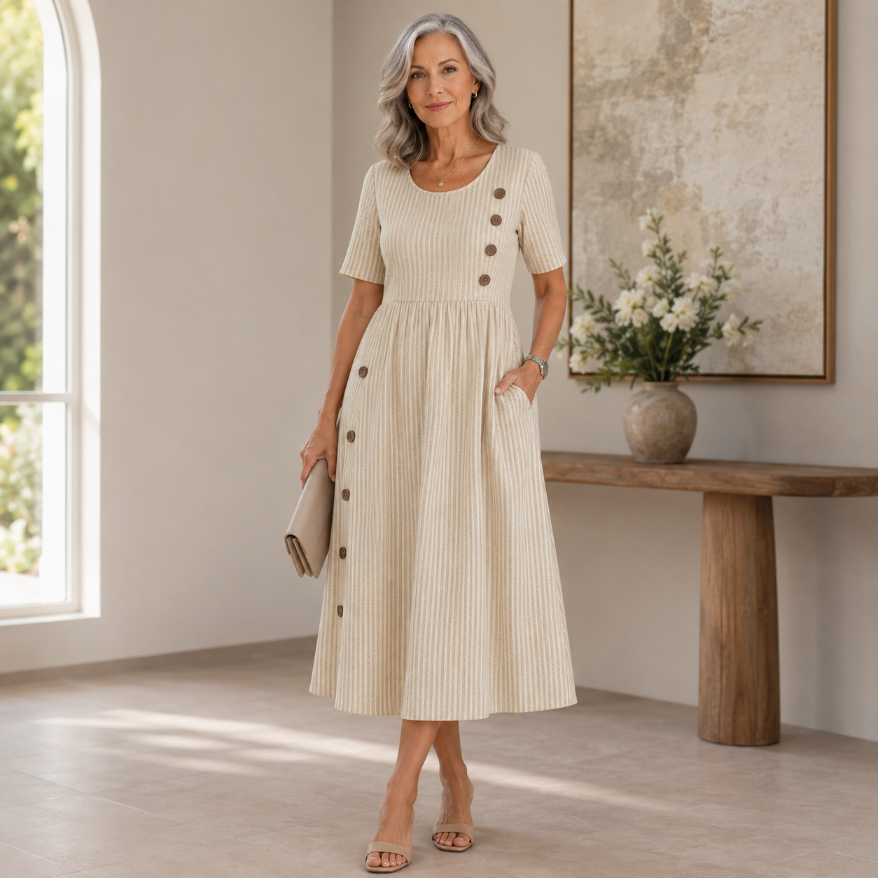 Ribbed Midi Dress – Short Sleeve A-Line Dress with Button Detail and Side Pockets