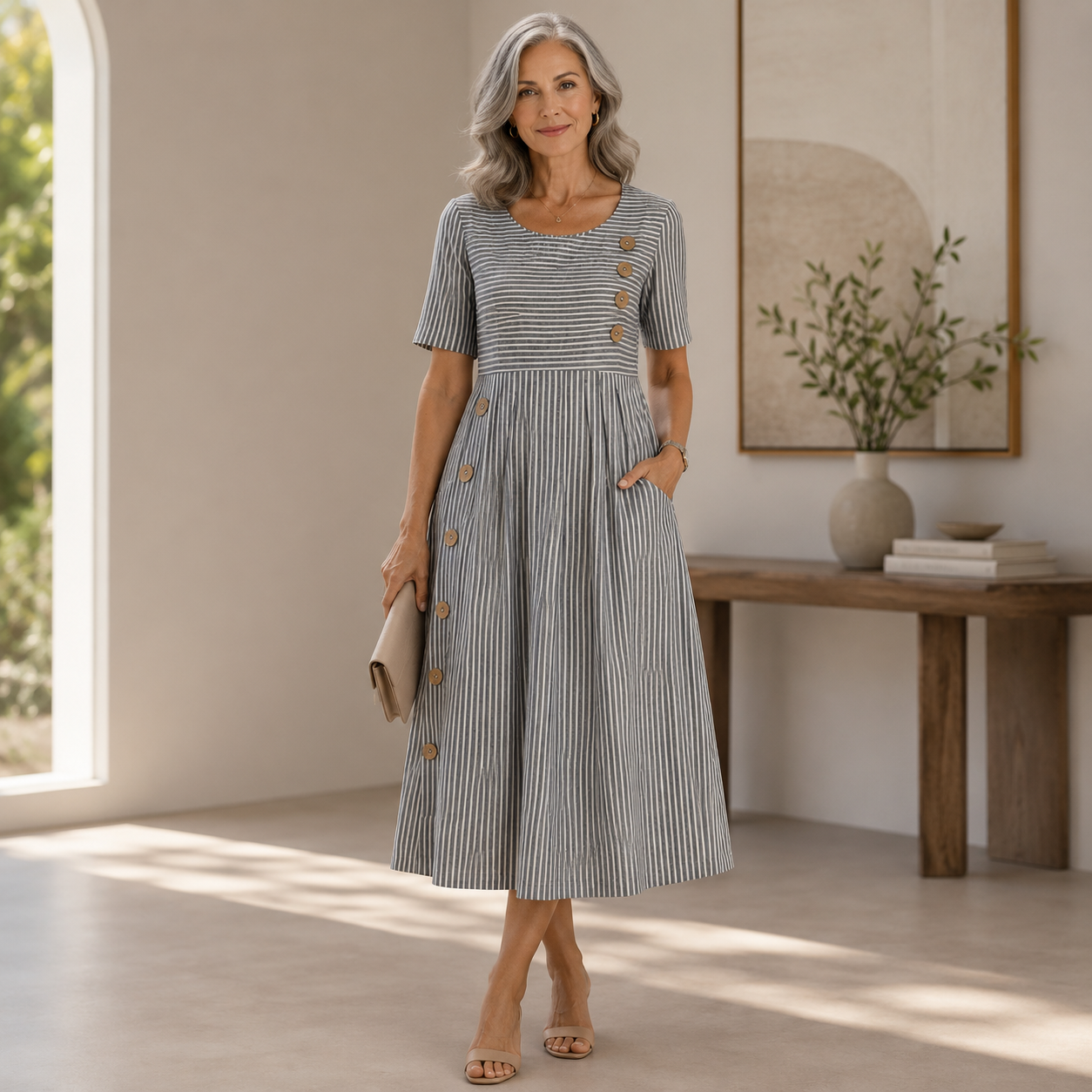 Ribbed Midi Dress – Short Sleeve A-Line Dress with Button Detail and Side Pockets