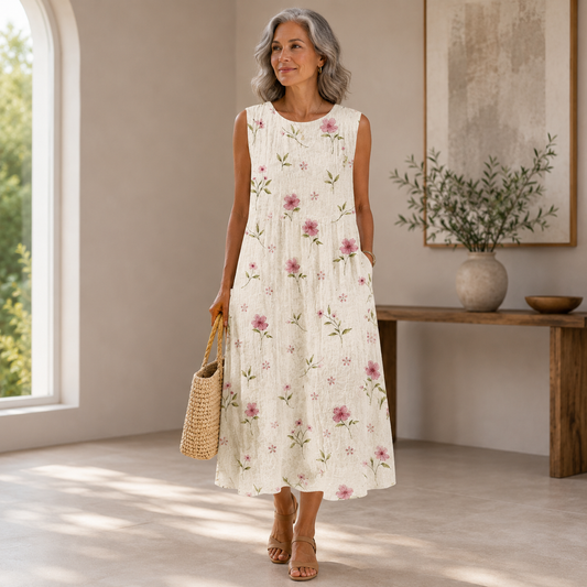 Floral Sleeveless Midi Dress – Round Neck Loose Fit Dress