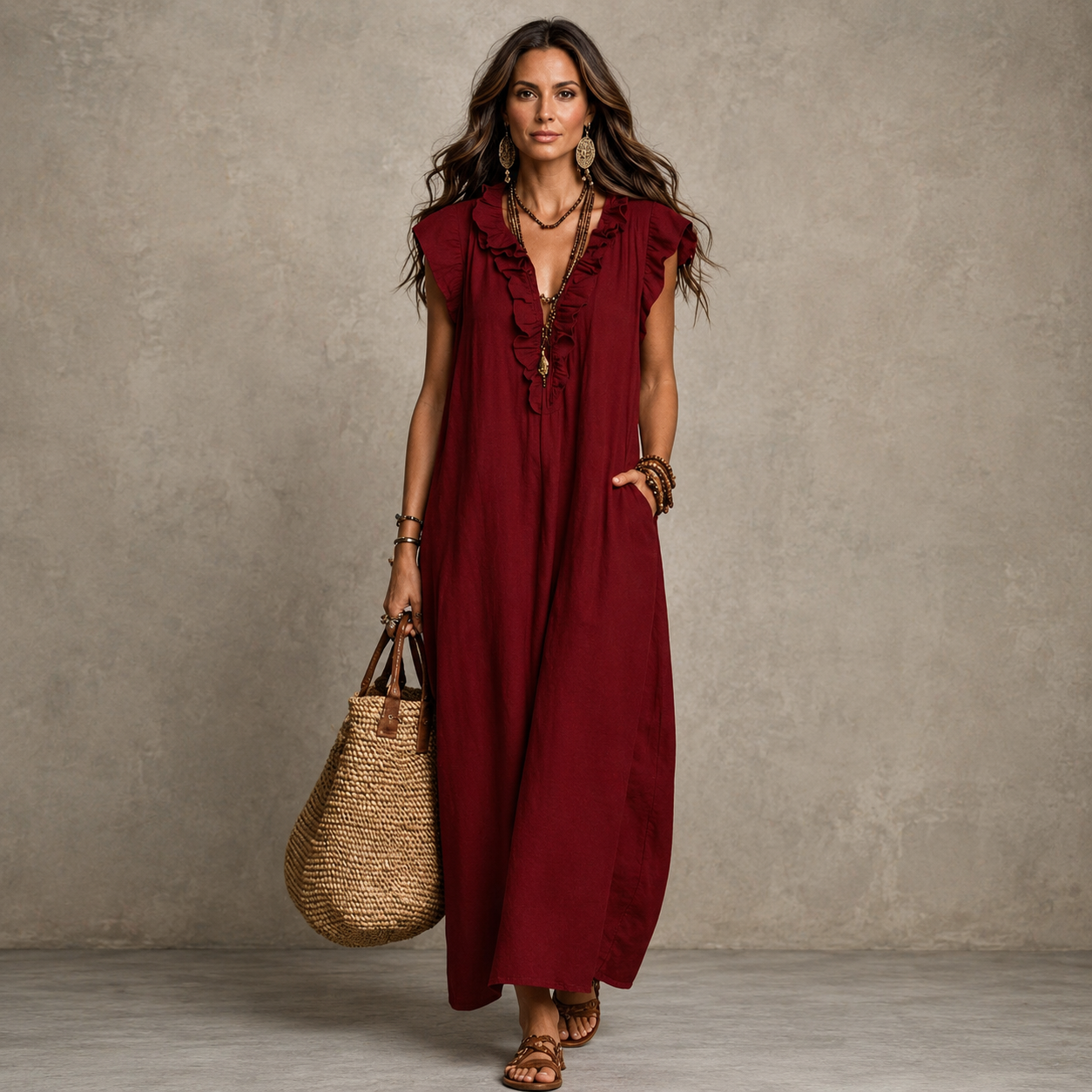 Women's Linen Sleeveless Ruffle Maxi Dress