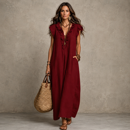 Women's Linen Sleeveless Ruffle Maxi Dress