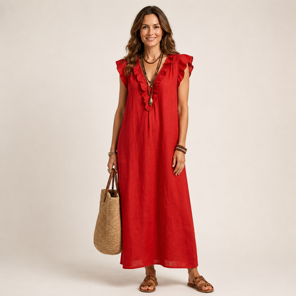 Women's Linen Sleeveless Ruffle Maxi Dress