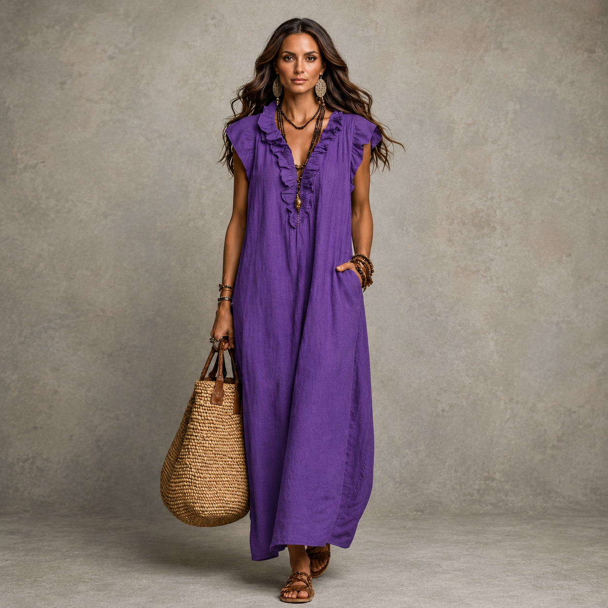 Women's Linen Sleeveless Ruffle Maxi Dress