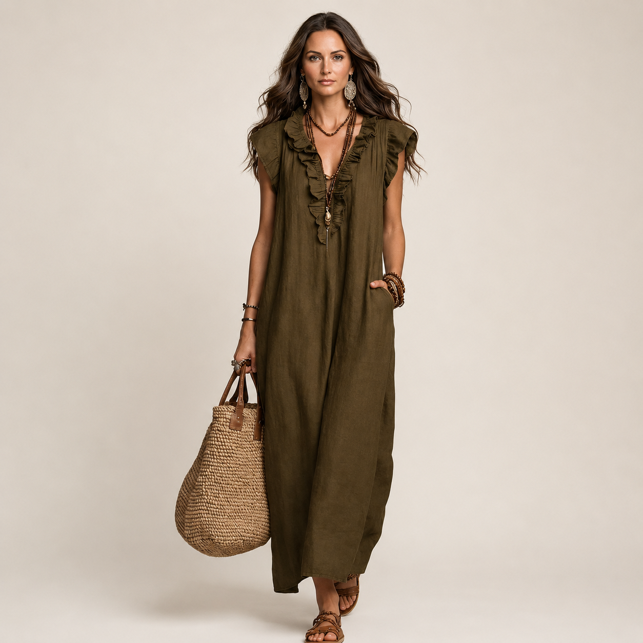 Women's Linen Sleeveless Ruffle Maxi Dress