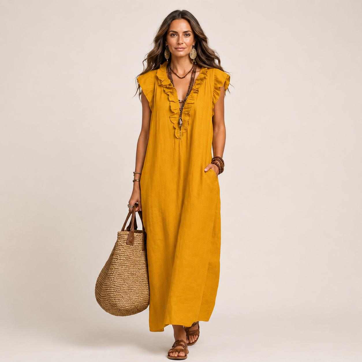Women's Linen Sleeveless Ruffle Maxi Dress
