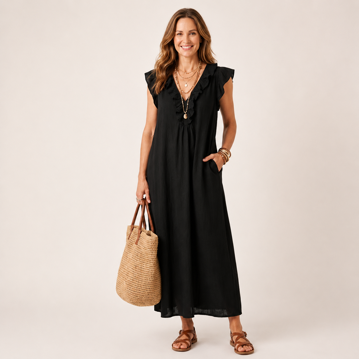 Women's Linen Sleeveless Ruffle Maxi Dress