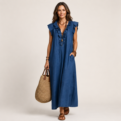 Women's Linen Sleeveless Ruffle Maxi Dress