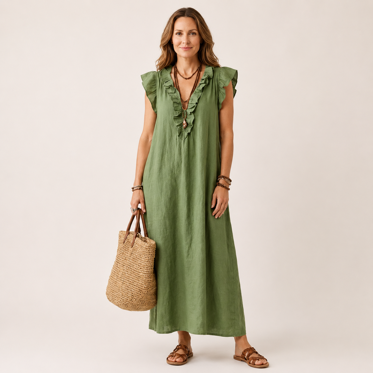 Women's Linen Sleeveless Ruffle Maxi Dress