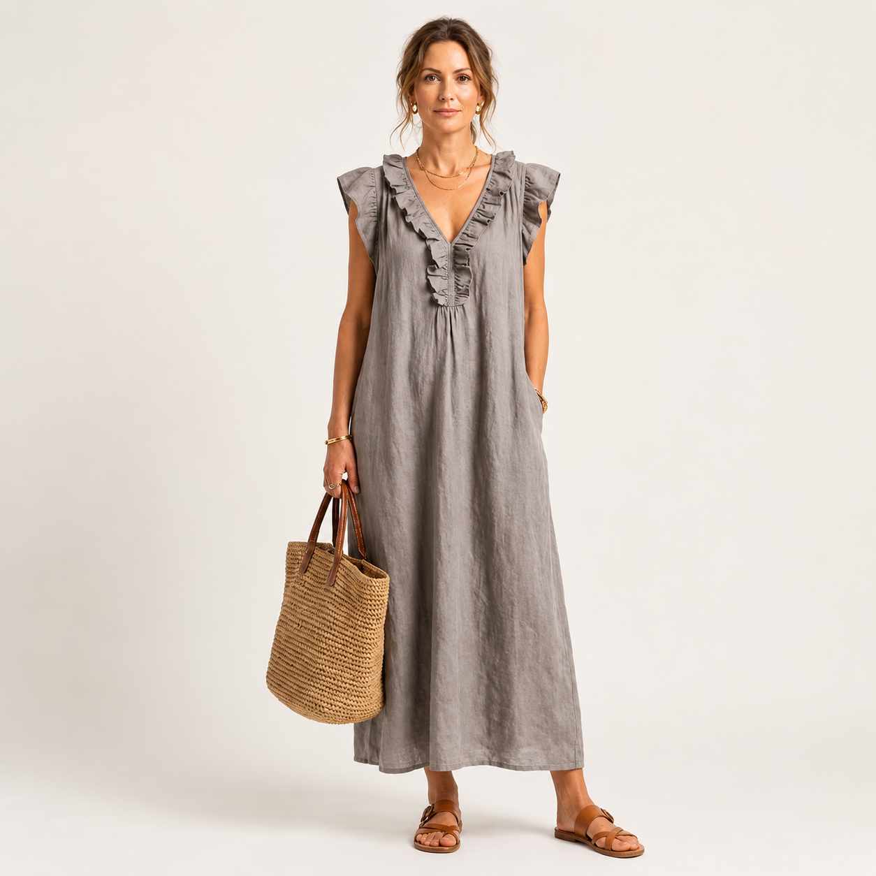Women's Linen Sleeveless Ruffle Maxi Dress