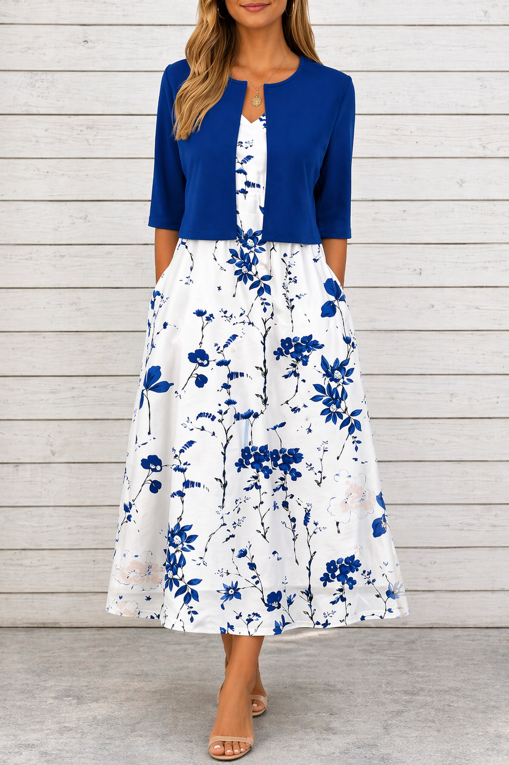 Women's Floral Long A-Line Dress Cardigan Set