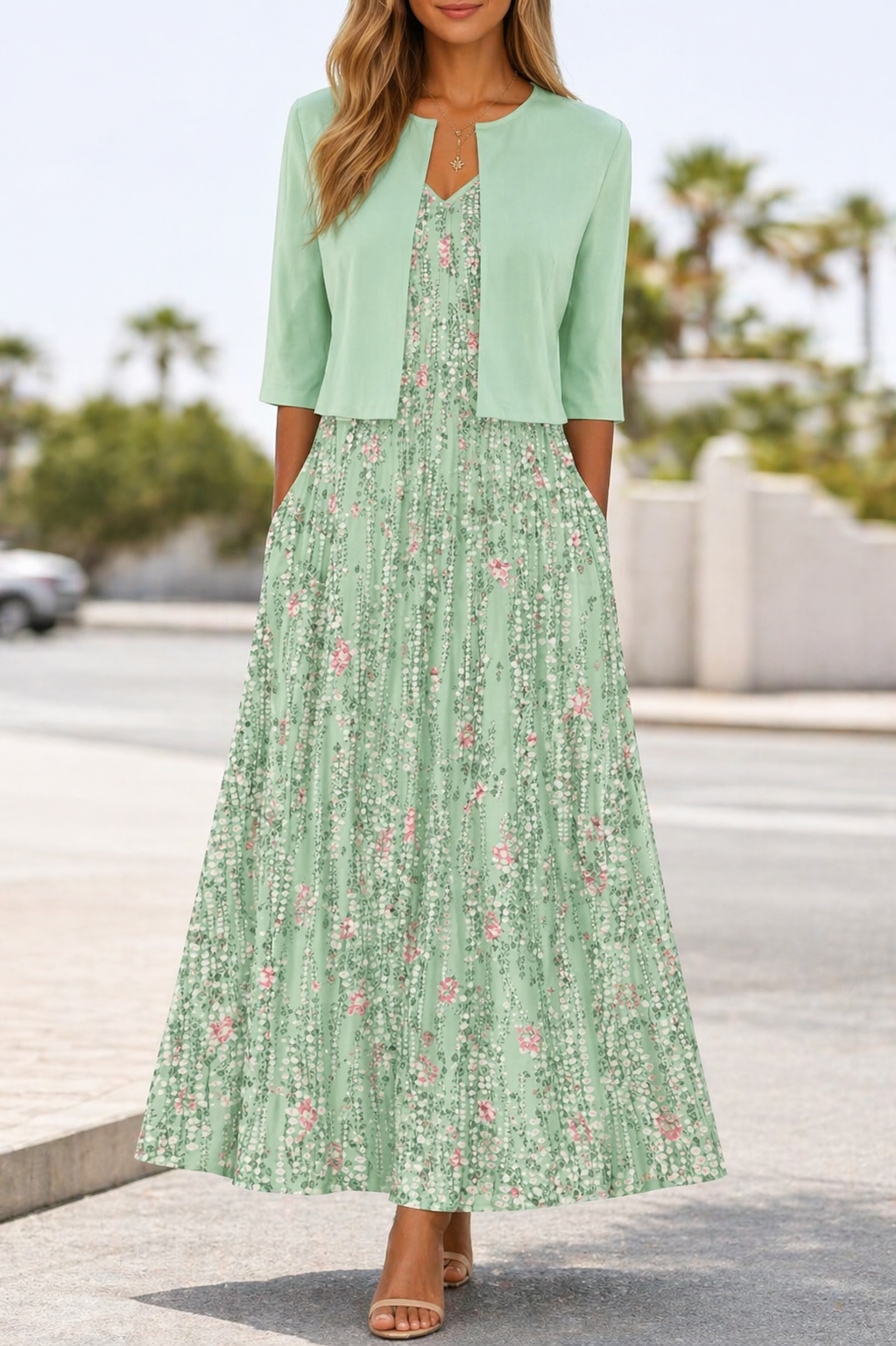 Women's Floral Long A-Line Dress Cardigan Set