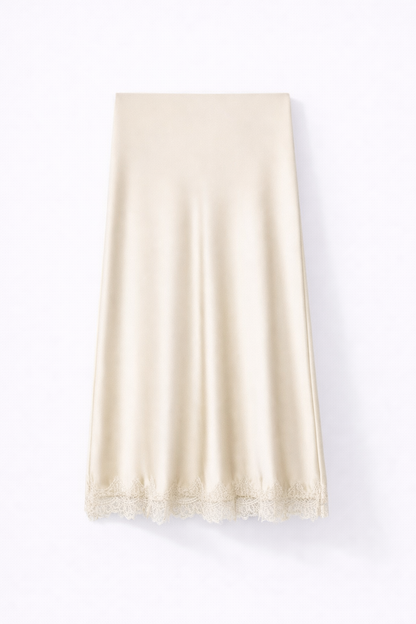 Satin Midi Skirt – Elegant Lace Trim A-Line Design