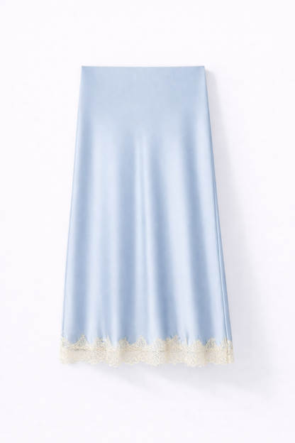 Satin Midi Skirt – Elegant Lace Trim A-Line Design