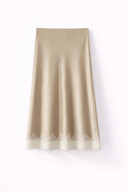Satin Midi Skirt – Elegant Lace Trim A-Line Design