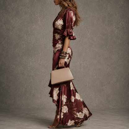 Women's Floral Ruched V Neck Ruffle Hem Midi Dress