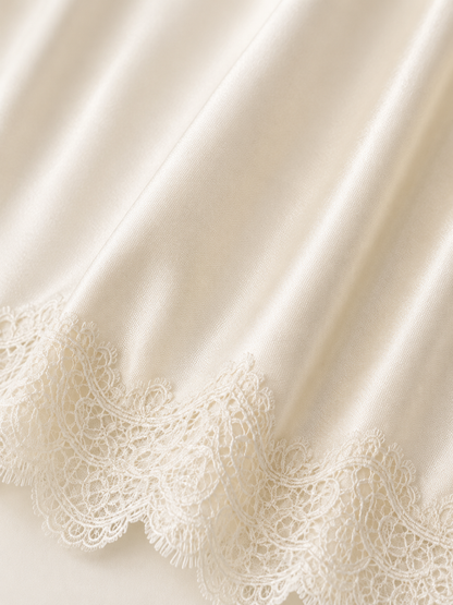 Satin Midi Skirt – Elegant Lace Trim A-Line Design