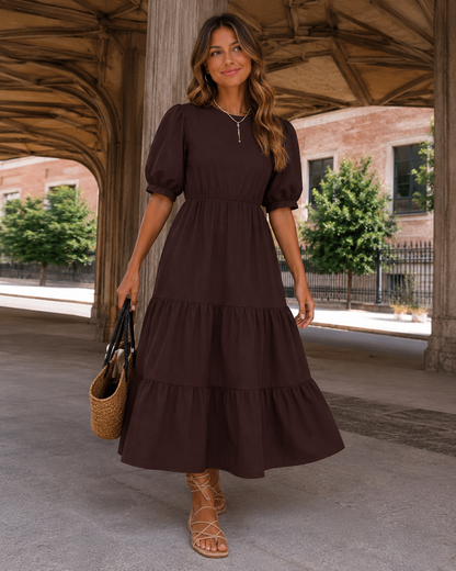 Puff Sleeve Tiered Maxi Dress – Round Neck Elastic Waist Long Dress