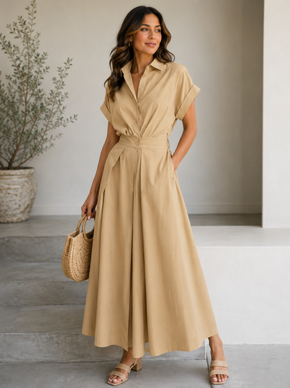 Short Sleeve Collared Maxi Dress with Tie Waist – Elegant A-Line Casual Dress
