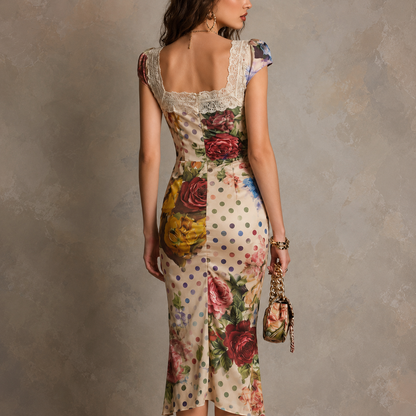 Women's Vintage Floral Patchwork Bodycon Midi Dress