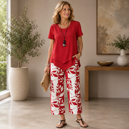 Asymmetrical Top & Floral Wide Leg Pants Set - Women’s Casual Two-Piece Set