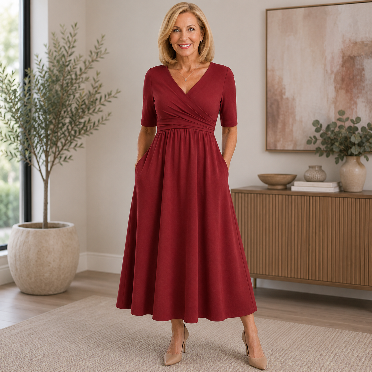 Women's Wrap V Neck Fit & Flare Midi Dress