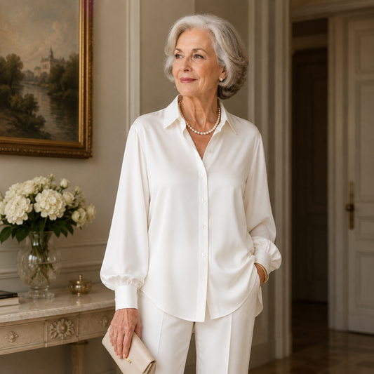 Elegant Satin Button Down Blouse – Long Sleeve Relaxed Fit