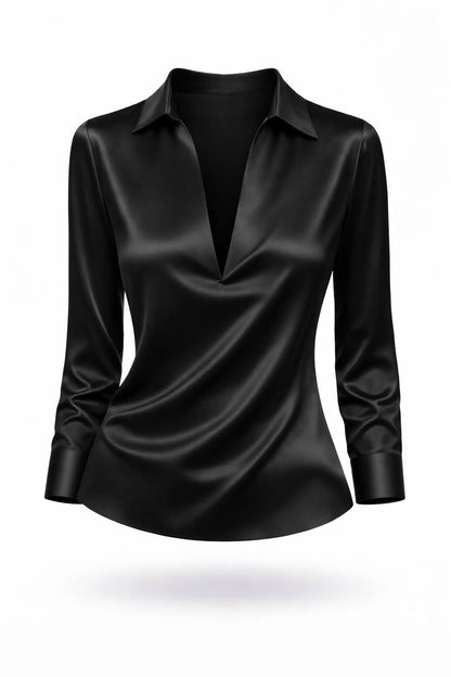 Satin Long Sleeve Blouse – V-Neck Draped Shirt