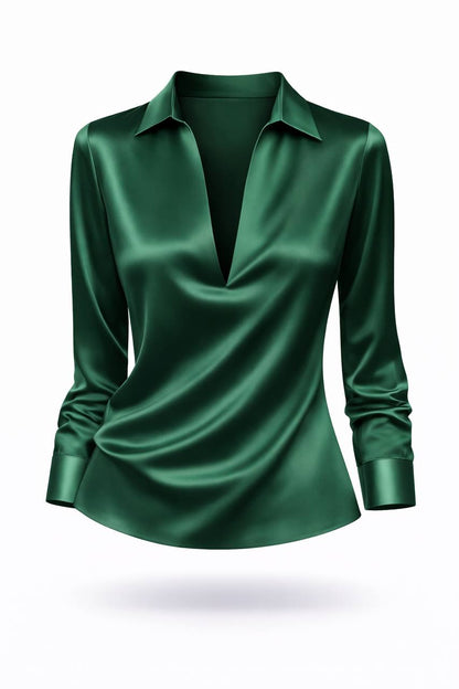 Satin Long Sleeve Blouse – V-Neck Draped Shirt