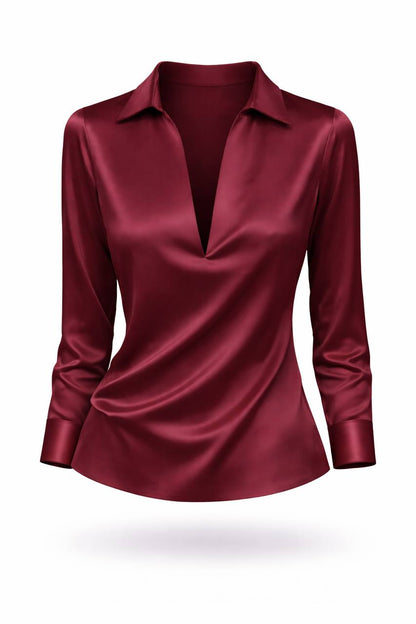 Satin Long Sleeve Blouse – V-Neck Draped Shirt