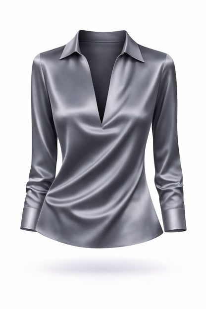 Satin Long Sleeve Blouse – V-Neck Draped Shirt