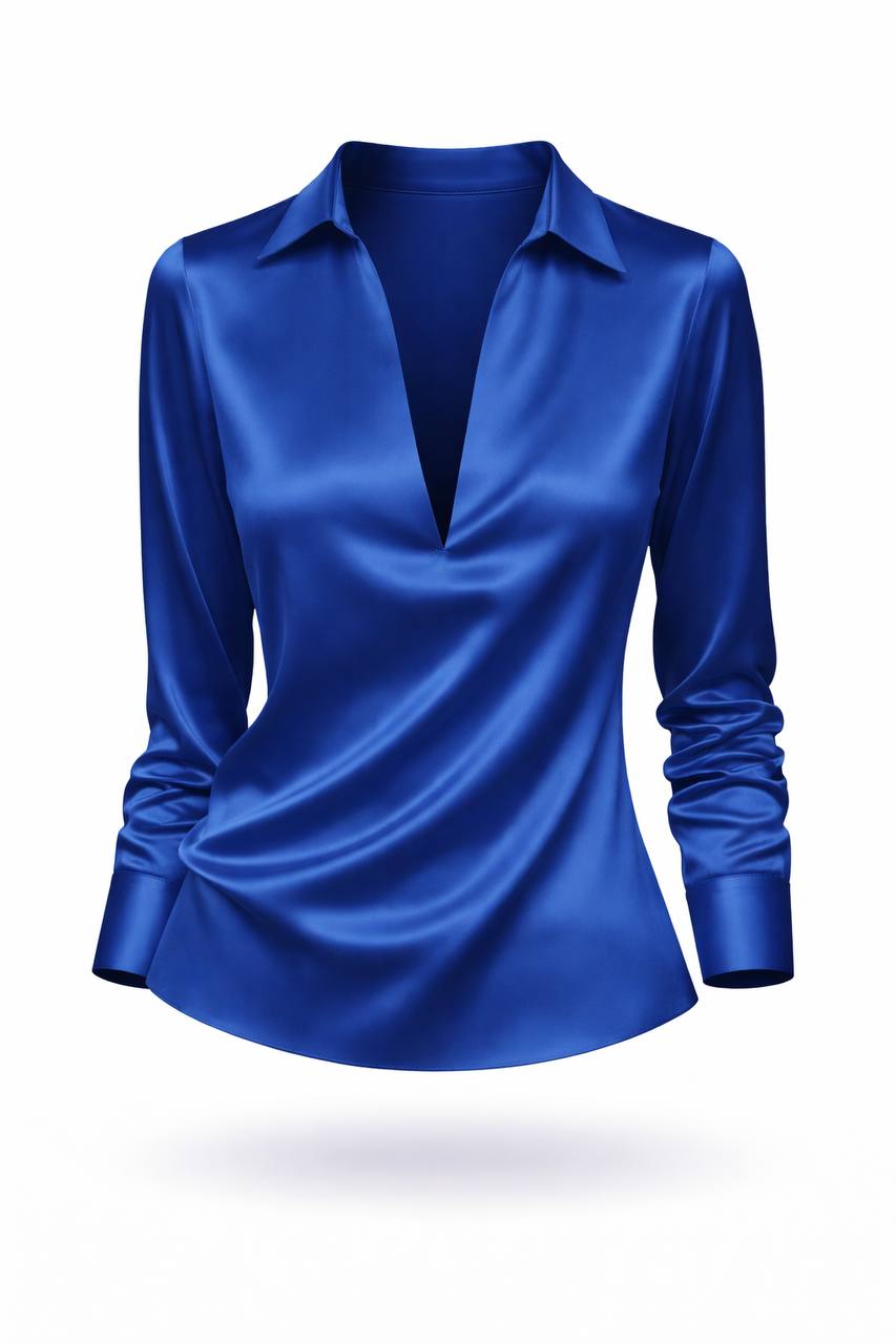 Satin Long Sleeve Blouse – V-Neck Draped Shirt