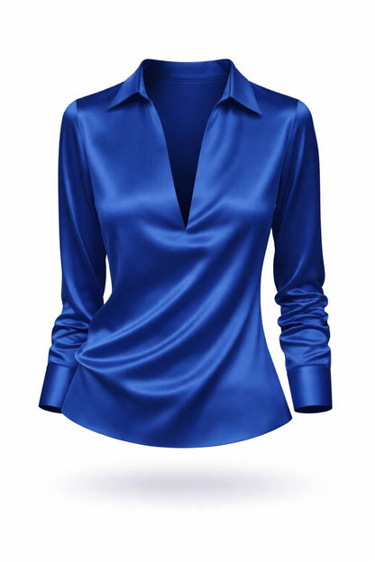 Satin Long Sleeve Blouse – V-Neck Draped Shirt