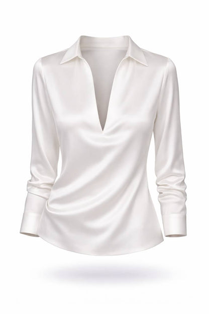 Satin Long Sleeve Blouse – V-Neck Draped Shirt