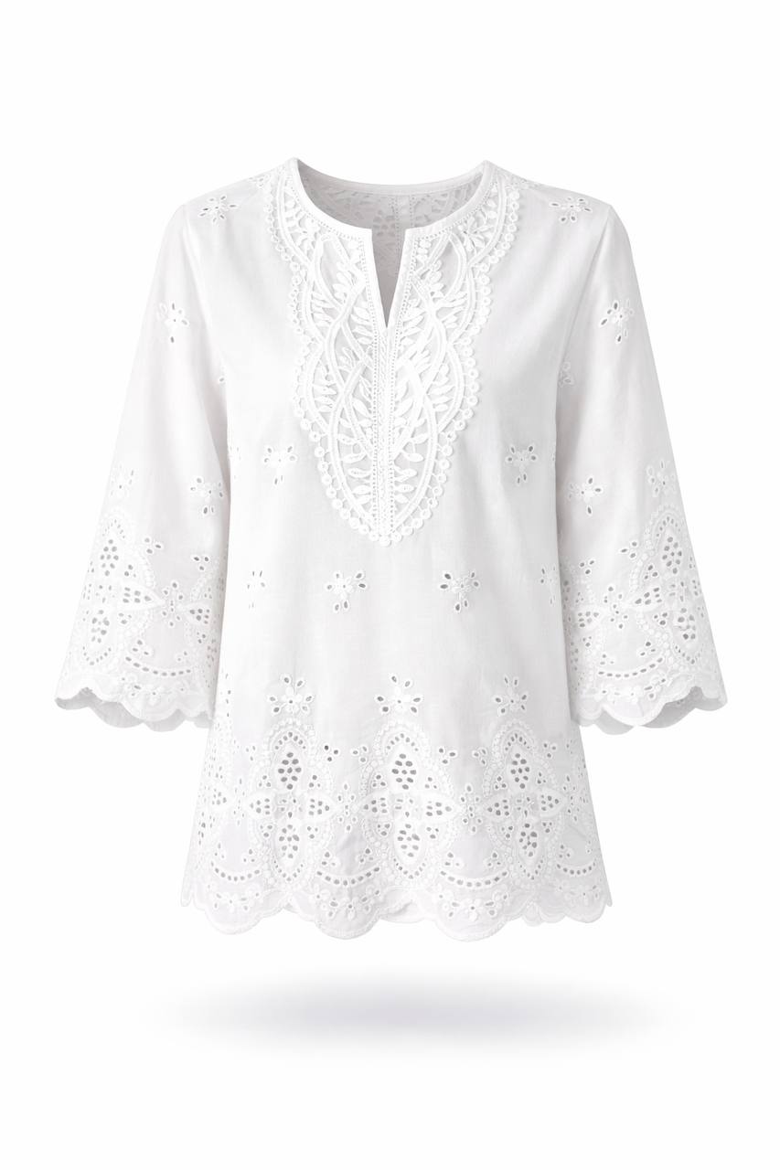 Eyelet Embroidered 3/4 Sleeve Blouse – Lace Detail V-Neck Casual Top
